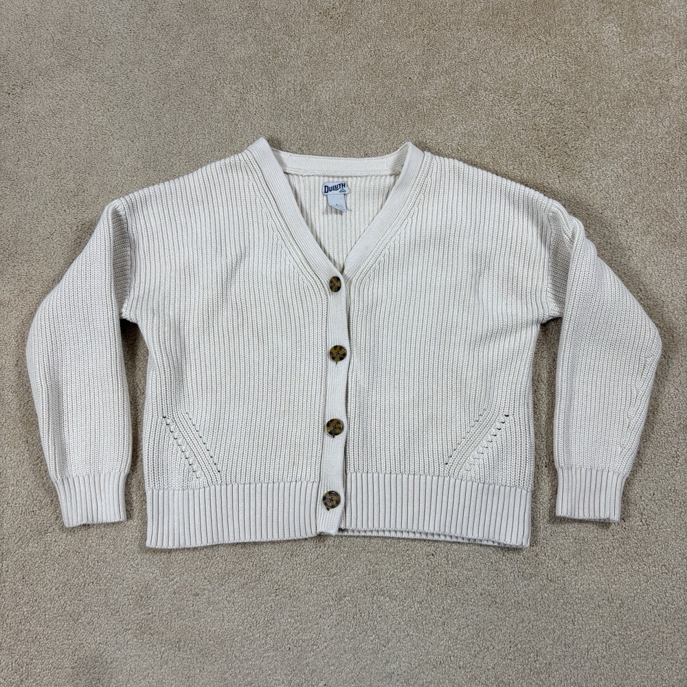 Duluth Trading Co Womens L Ribbed Knit Cardigan Sweater V-Neck Ivory Cotton